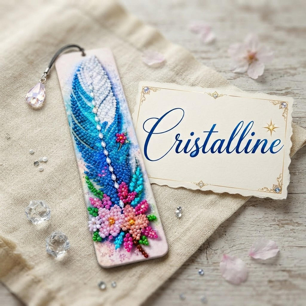 Marque-Page Diamond Painting, Plume Bleue Et Blanche Scintillante - Cristalline -