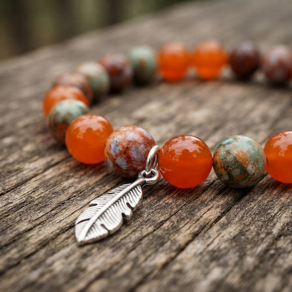 Bracelet homme en perles fantaisie dans les tons de orange - "Ecorce de Feu" -