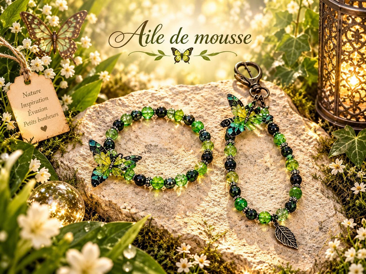 Ensemble composé d'un bracelet et d'un grigri de sac dans les tons vert , équipé d'un papillon pour les deux - Aile de Mousse -