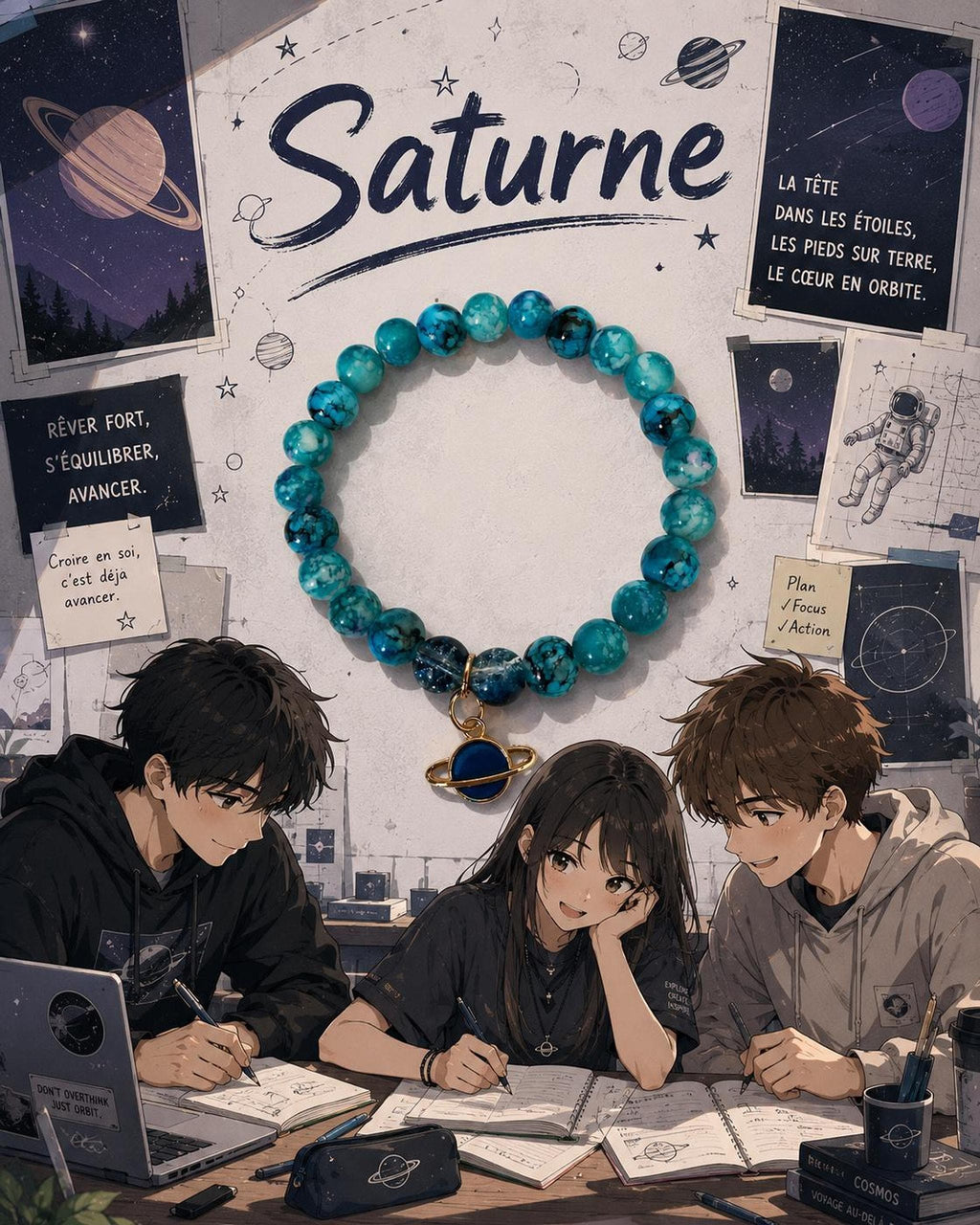 Cadeau Femme, Bracelet Fantaisie Bleu Marbré avec Breloque Planète