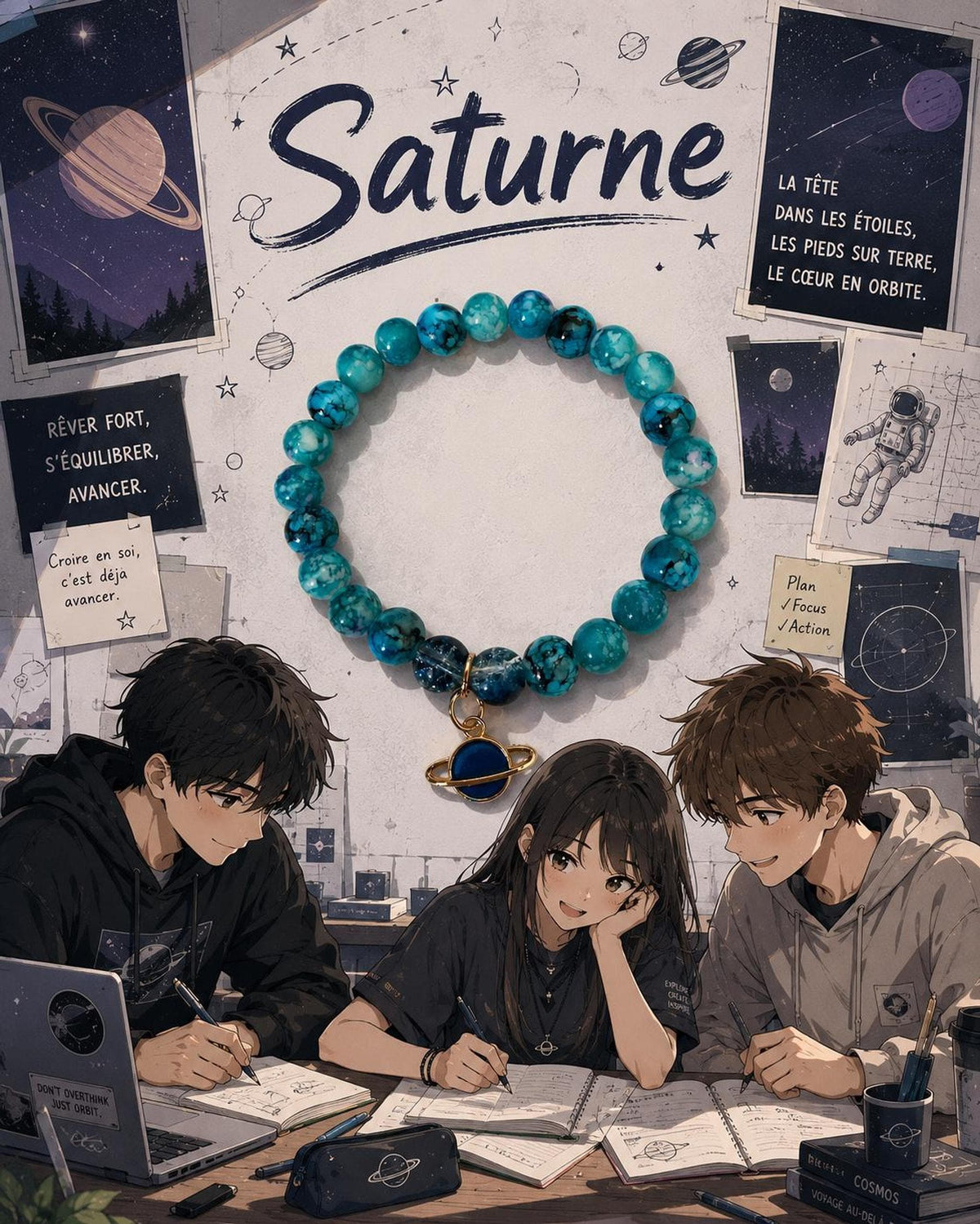 Cadeau Femme, Bracelet Fantaisie Bleu Marbré avec Breloque Planète