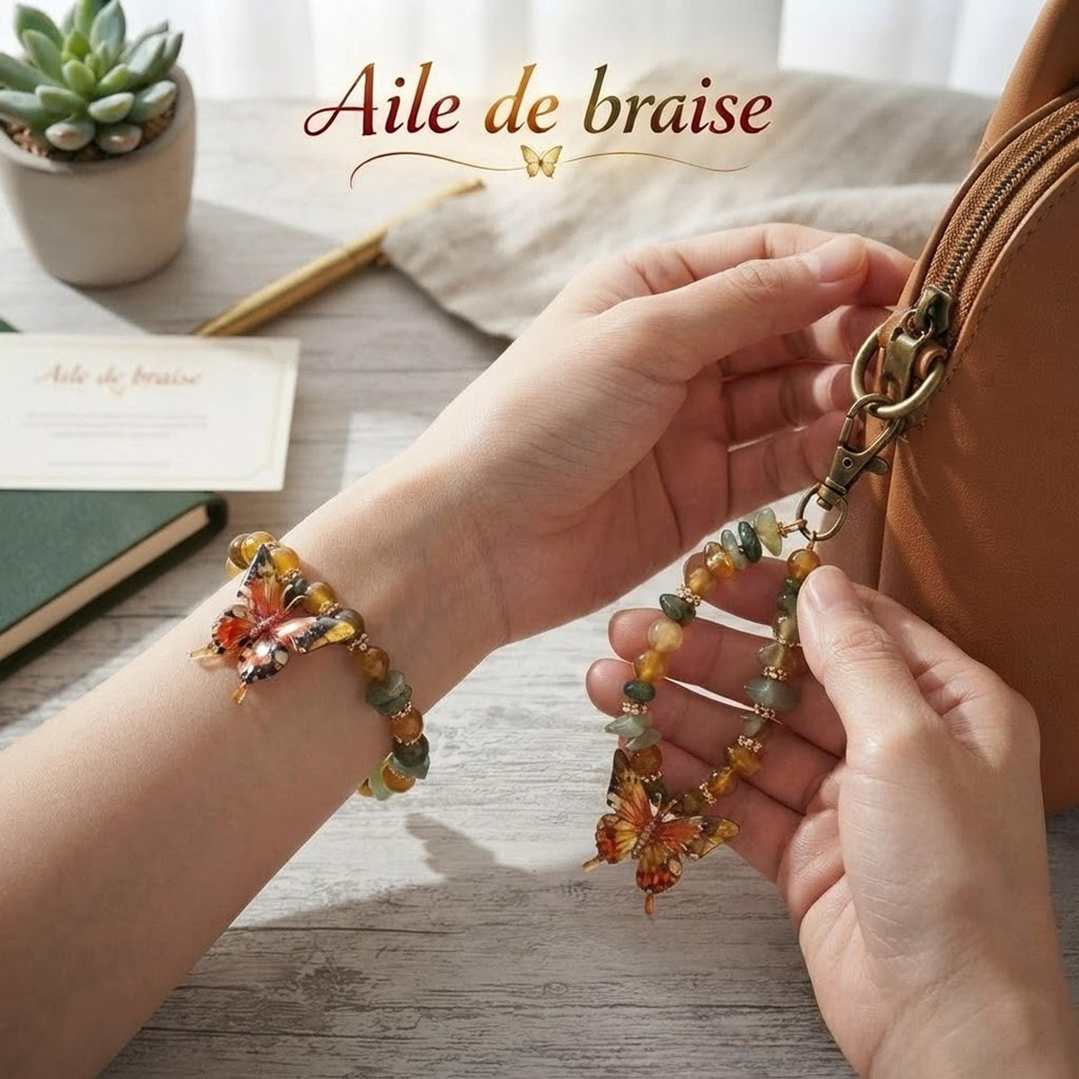 Ensemble bracelet et grigri de sac - couleurs différents rouges  avec papillon - Aile de Braise -