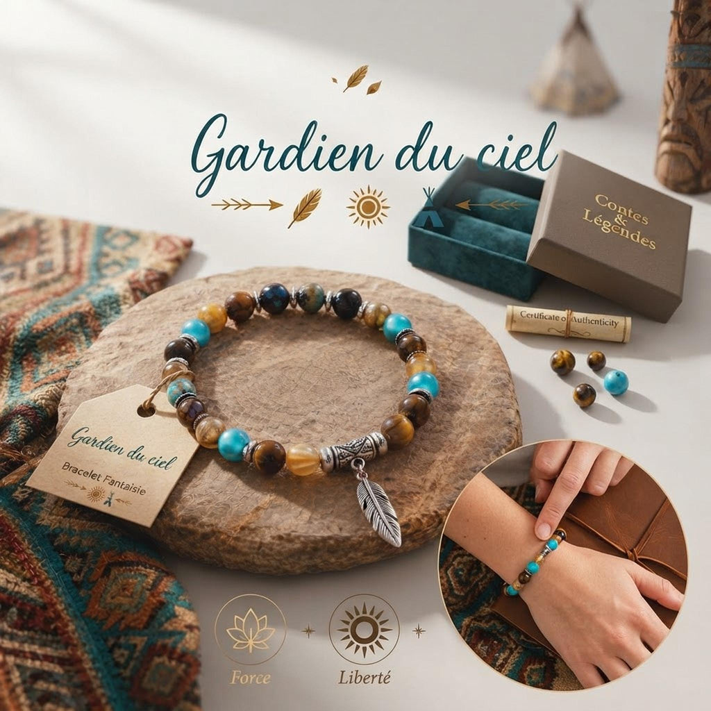 Bracelet fantaisie en perles Turquoise et Pendentif plume - gardien du ciel -