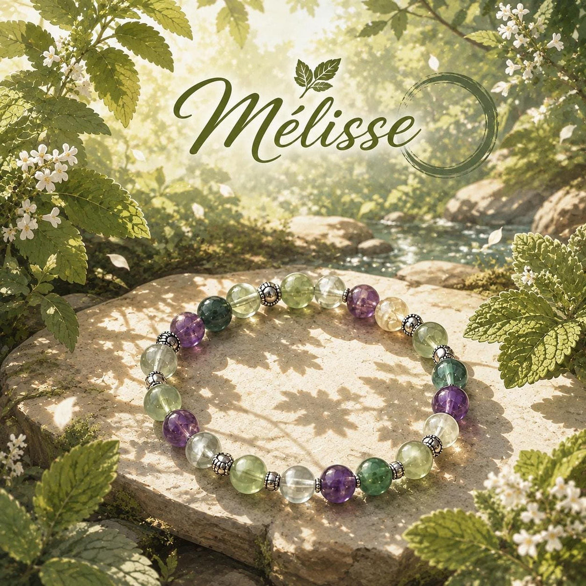 Bracelet en pierres naturels =  Fluorite  & Aventurine, Perles Vertes et Violettes, Intercalaires Argentés -  "Mélisse" -
