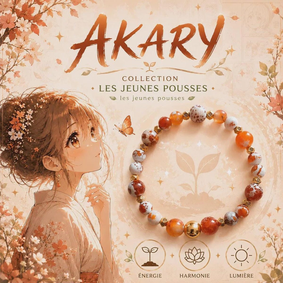 Bracelet fantaisie Akary, perles orange, blanches et brunes, intercalaires dorés