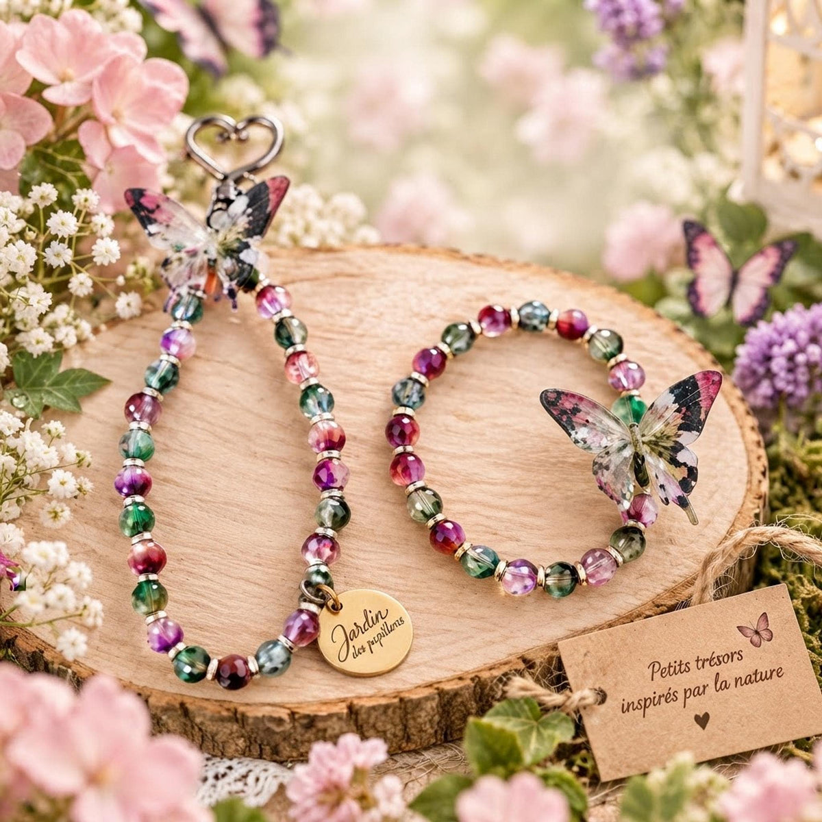 Ensemble Bracelet Porte Clés, Perles Colorées et Décorations Papillon - "Jardin des papillons -