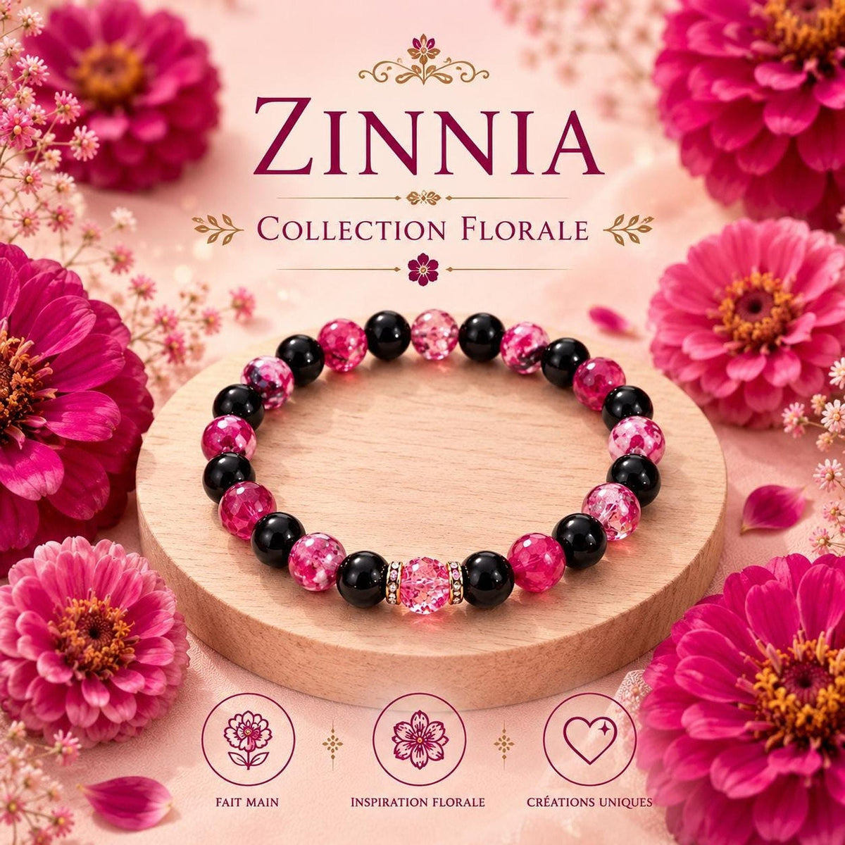 Bracelet fantaisie  en perles rose et noir, Zinnia -