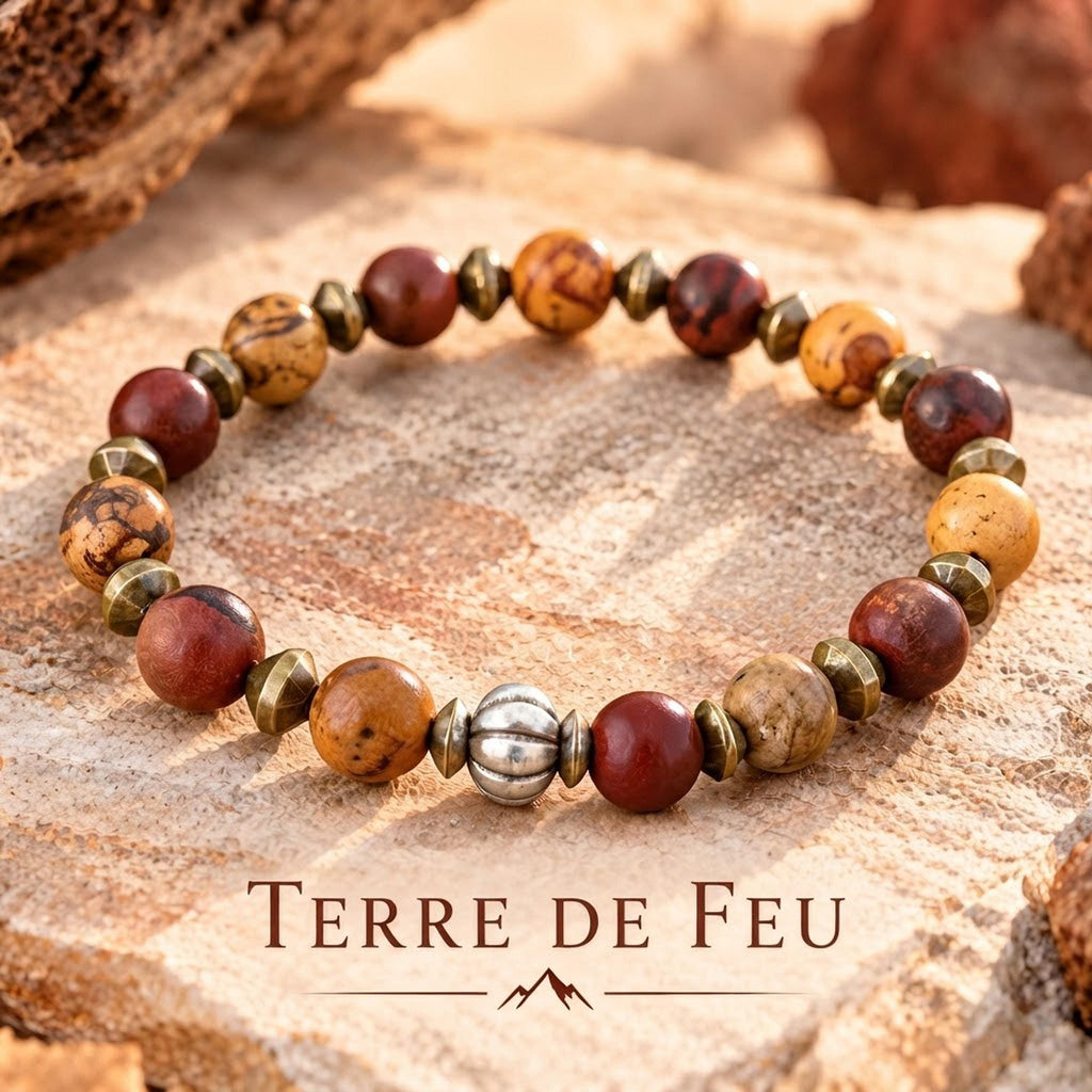 Bracelet homme en pierres naturelles de jaspe paysage & obsidienne acajou - "Terre de Feu" -