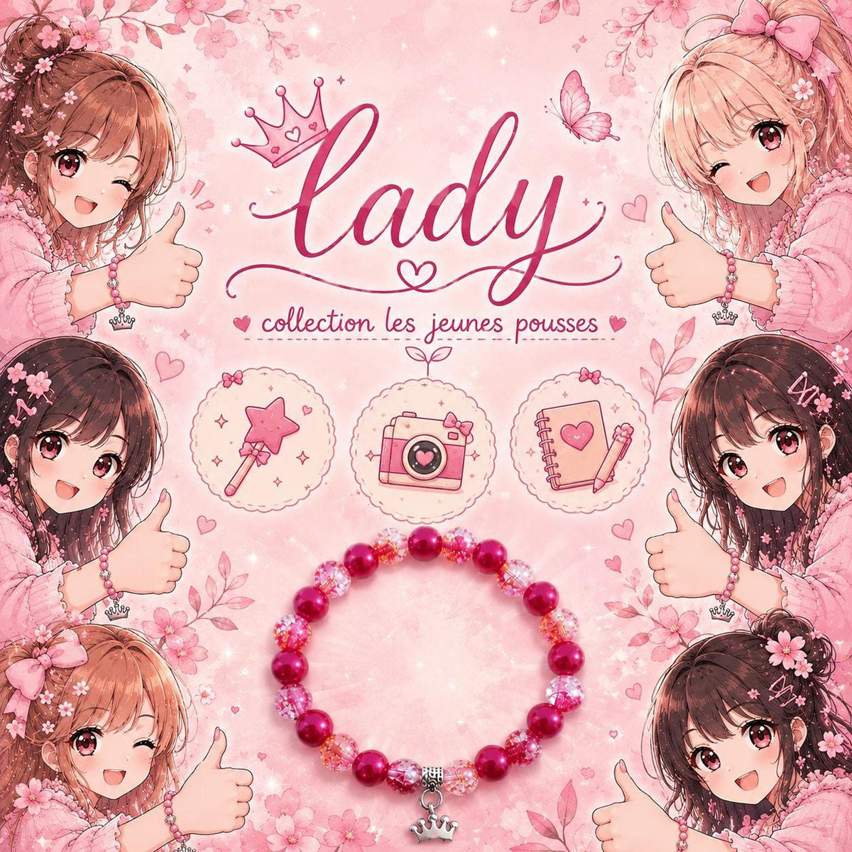 Cadeau femme : bracelet fantaisie rose avec perles et breloque couronne