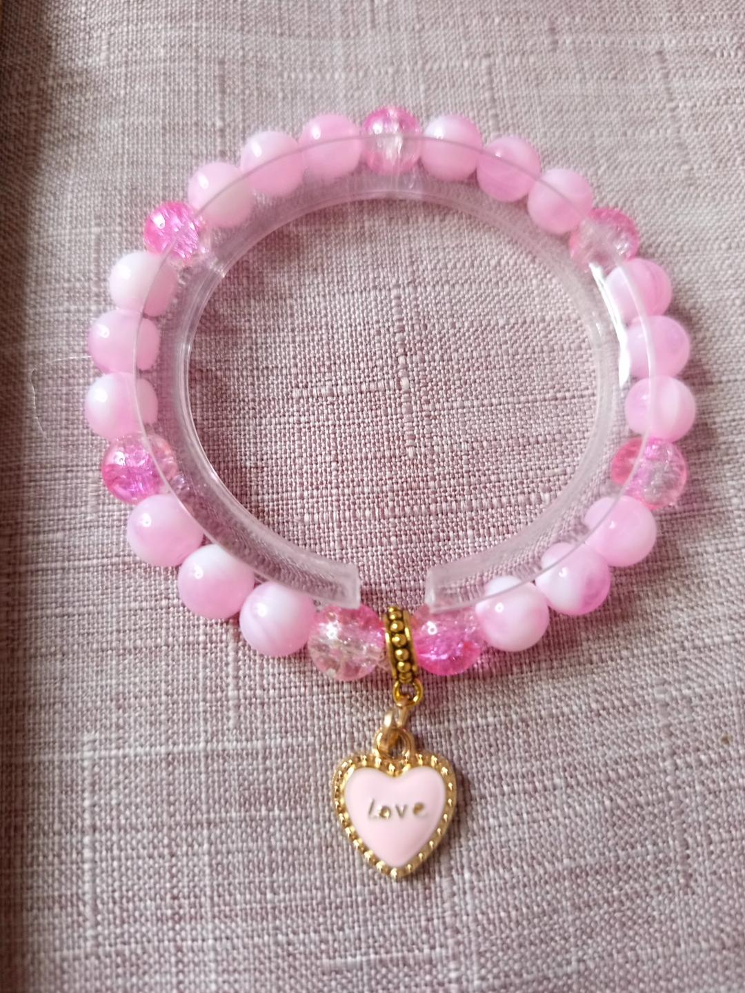 Bracelet perles fantaisie roses et cœur doré- " Secret D'amour"-
