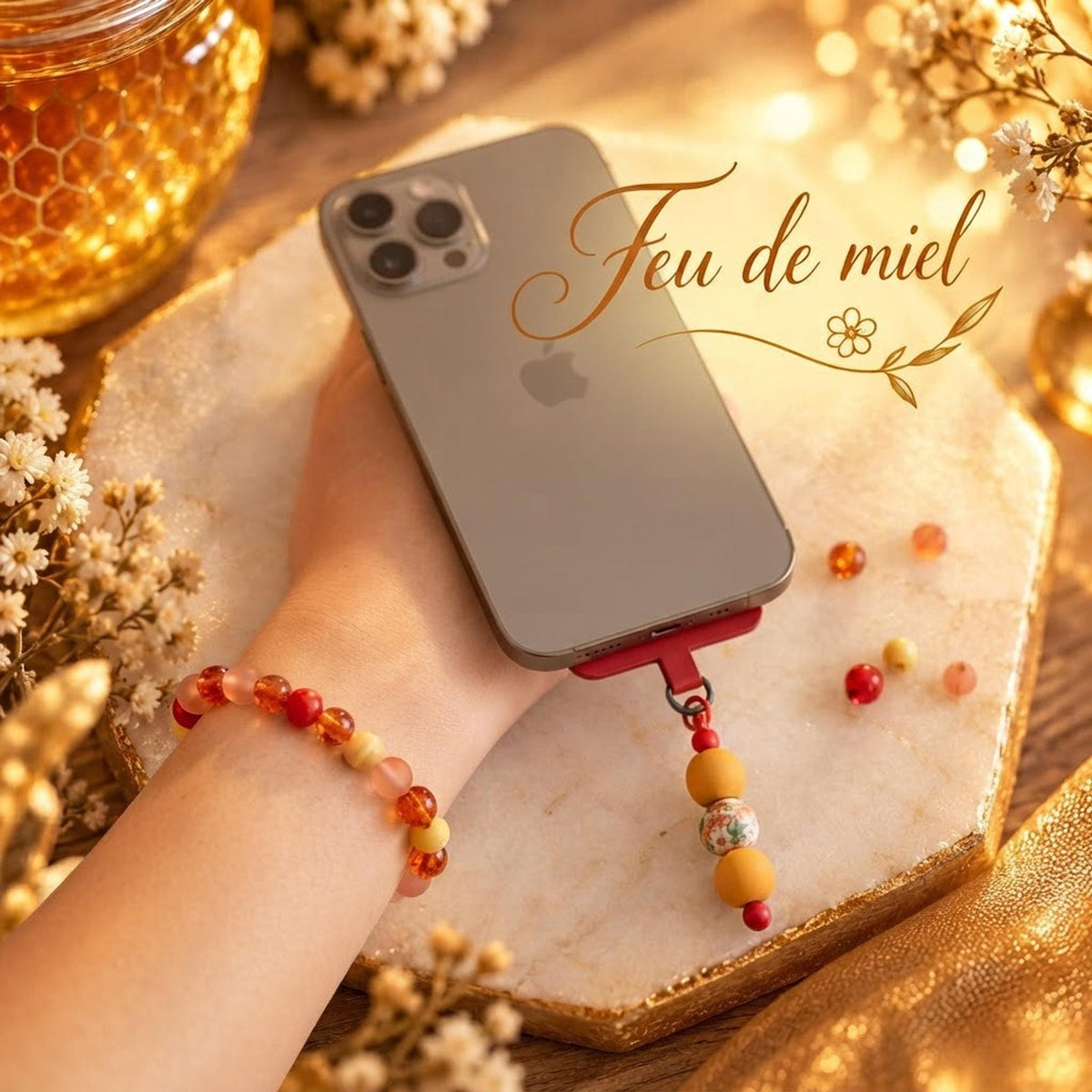 Ensemble bracelet et charm de téléphone dans les mêmes tons de orange & jaune - Feu de Miel -