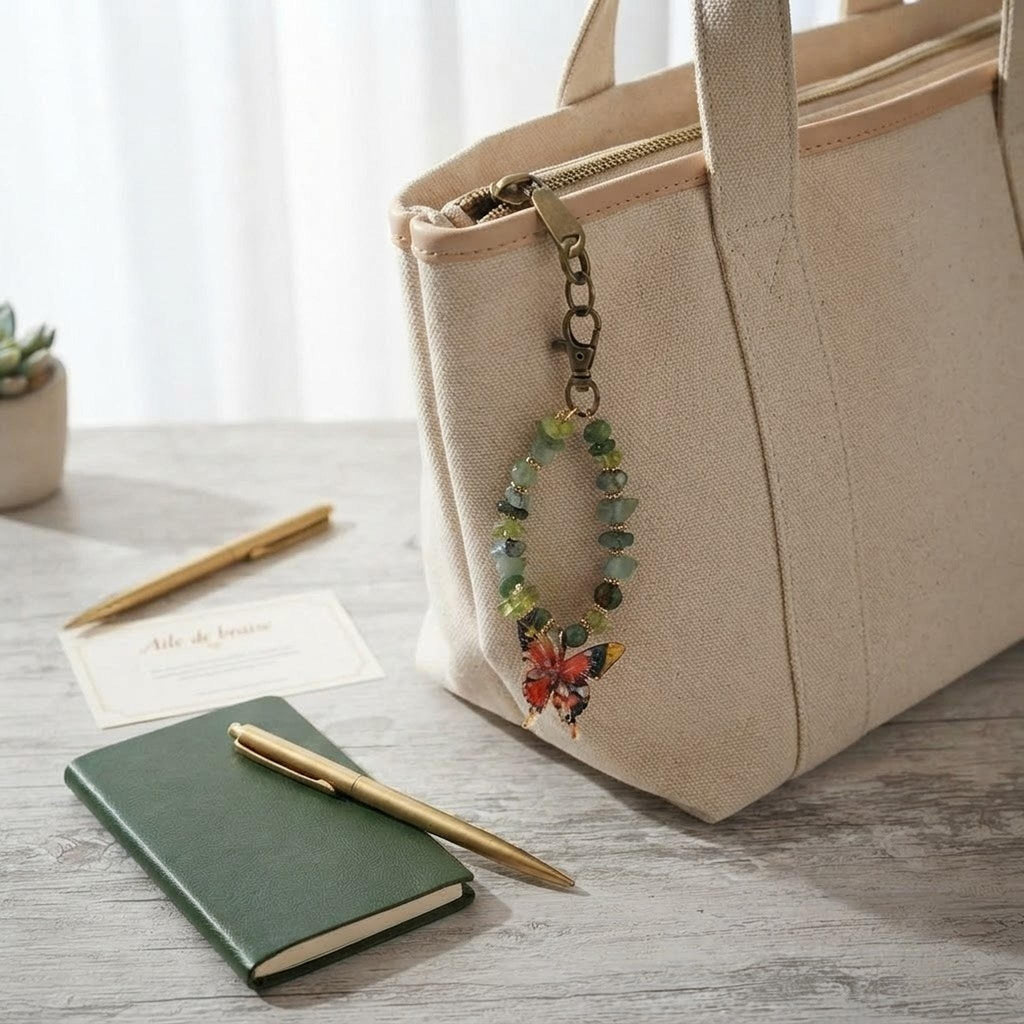 Ensemble bracelet et grigri de sac - couleurs différents rouges  avec papillon - Aile de Braise -