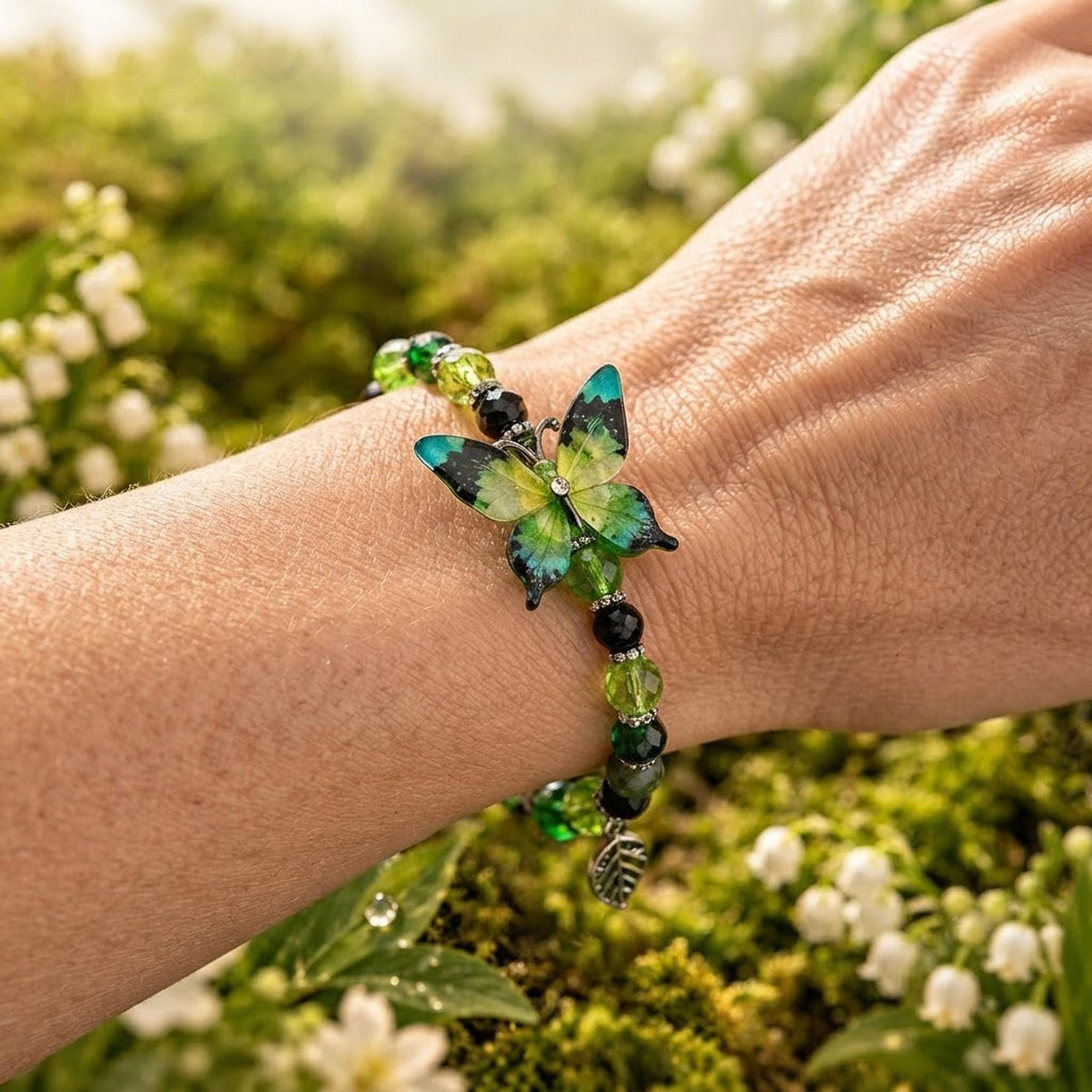 Ensemble composé d'un bracelet et d'un grigri de sac dans les tons vert , équipé d'un papillon pour les deux - Aile de Mousse -