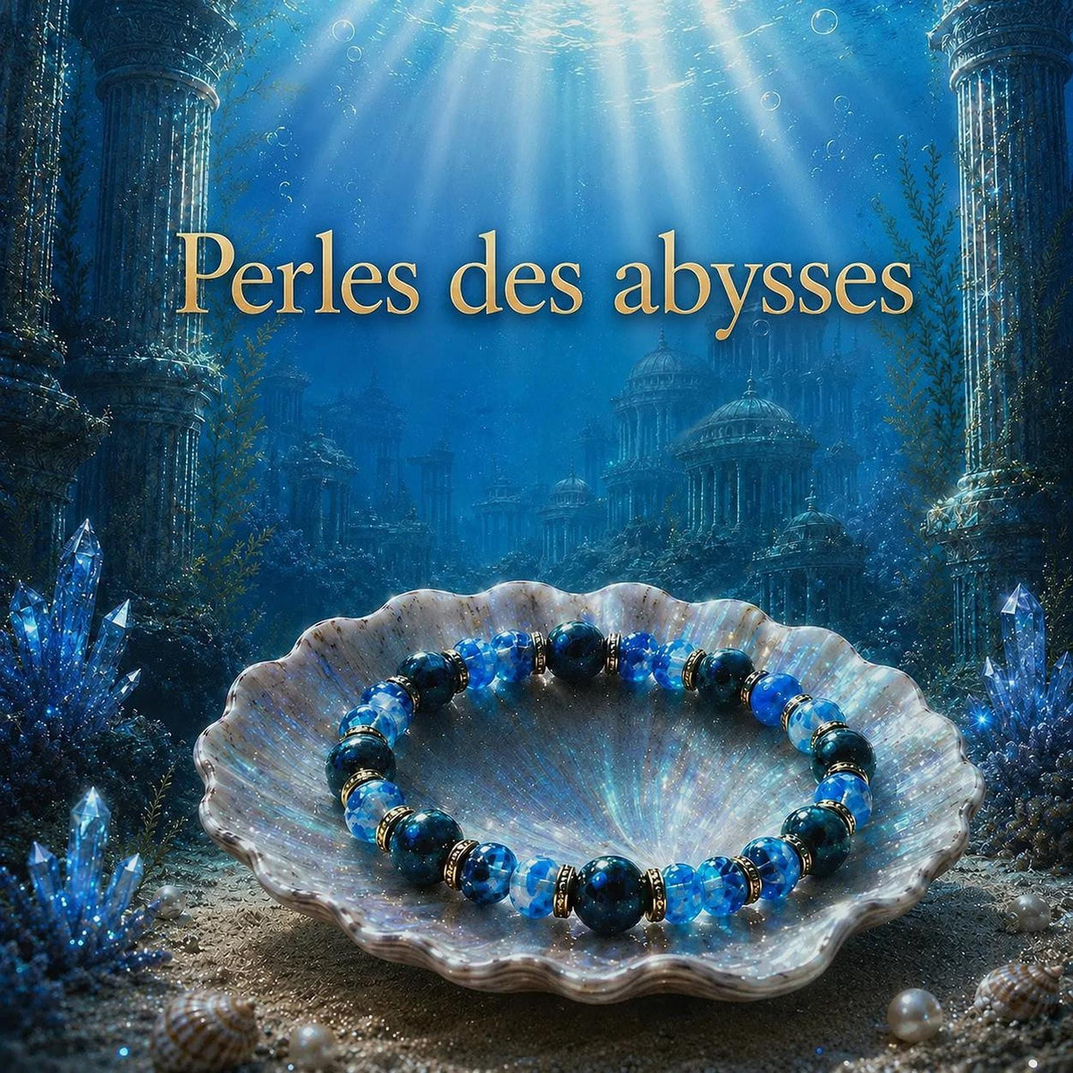 Bracelet fantaisie en  Perles Bleu Profond, et Intercalaires Dorés - Perles des Abysses -