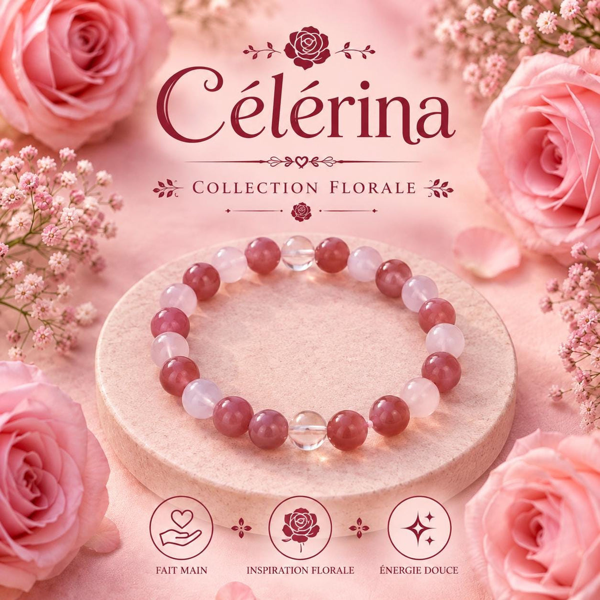 Bracelet Fantaisie, Perles Rouges et Roses 16 cm -"Célérina" -