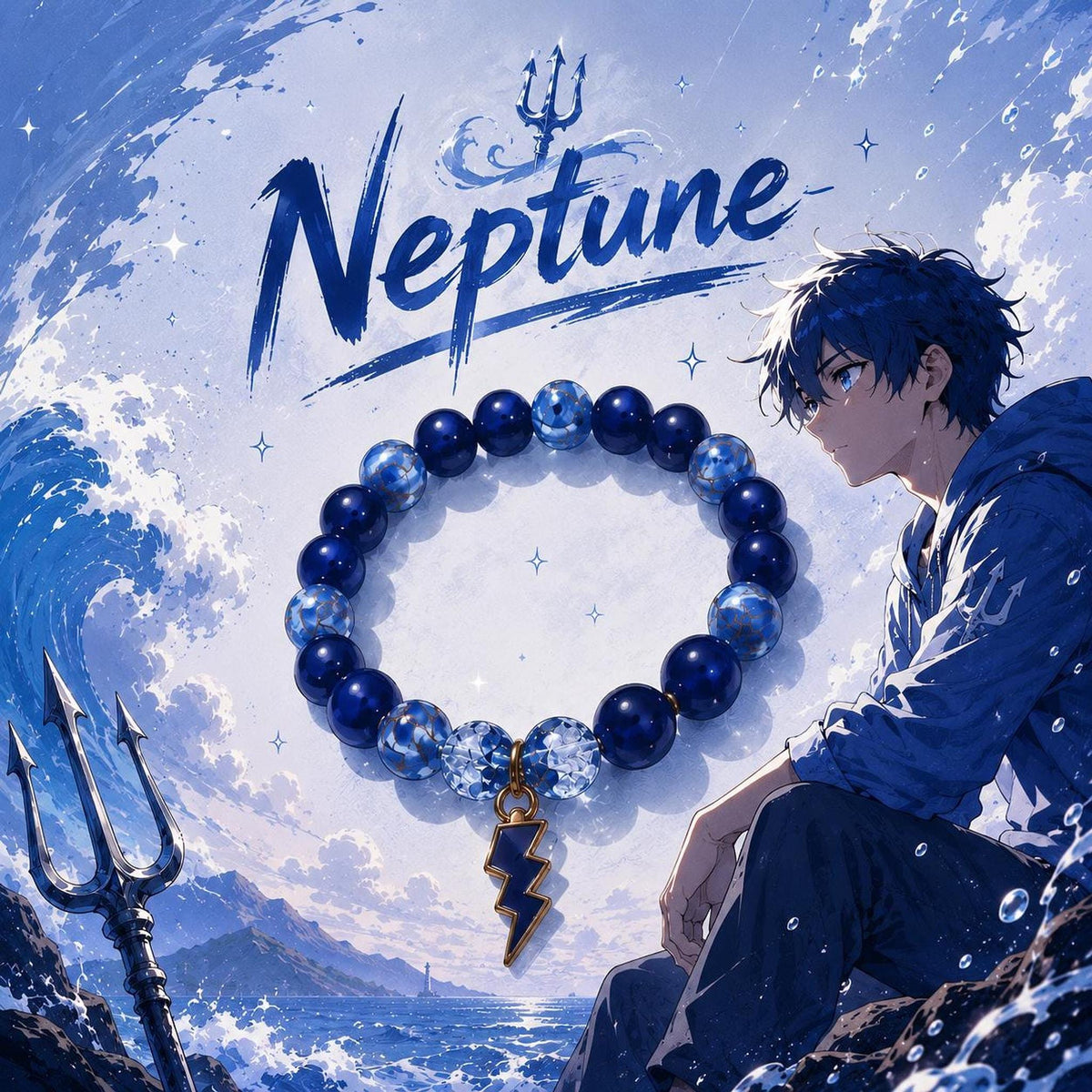 Cadeau Femme, Bracelet Perles Bleues Élastique avec Pendentif Éclair Neptune