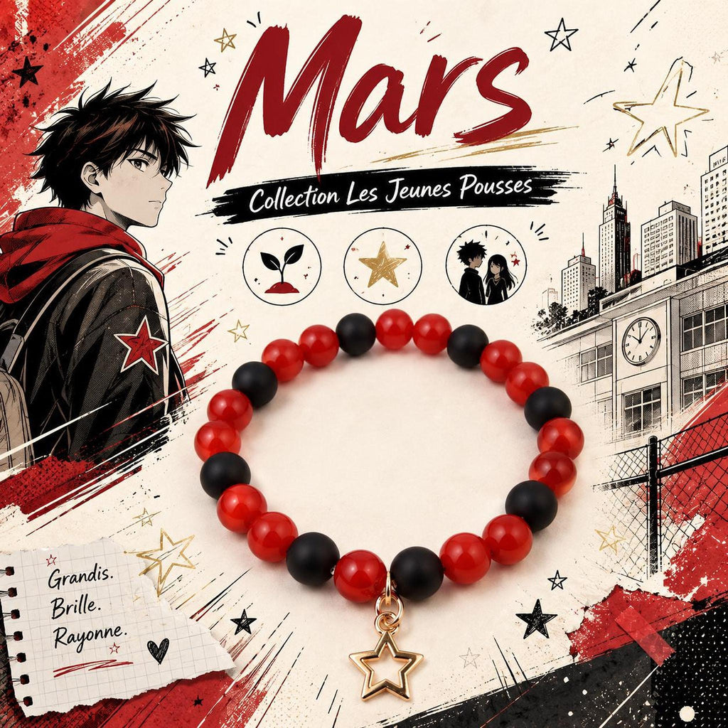Bracelet Fantaisie Rouge Noir, Perles Brillantes et Pendentif Étoile Doré