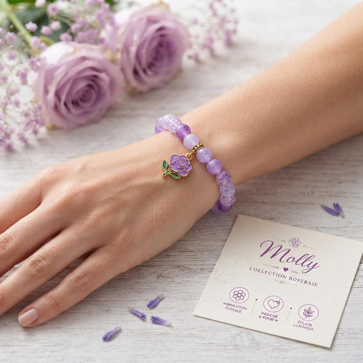 Bracelet Fantaisie en perles Violet et Rose avec Charm Doré - Molly -
