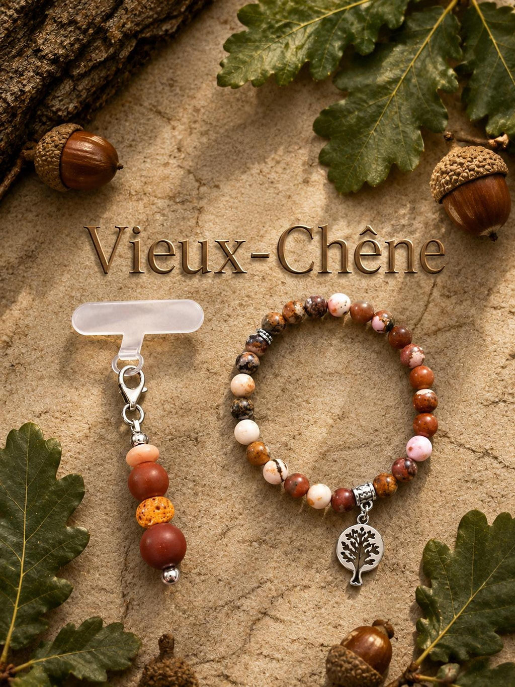 Duo Bracelet et Bijou de Téléphone couleurs vert et marron - Vieux - chêne -