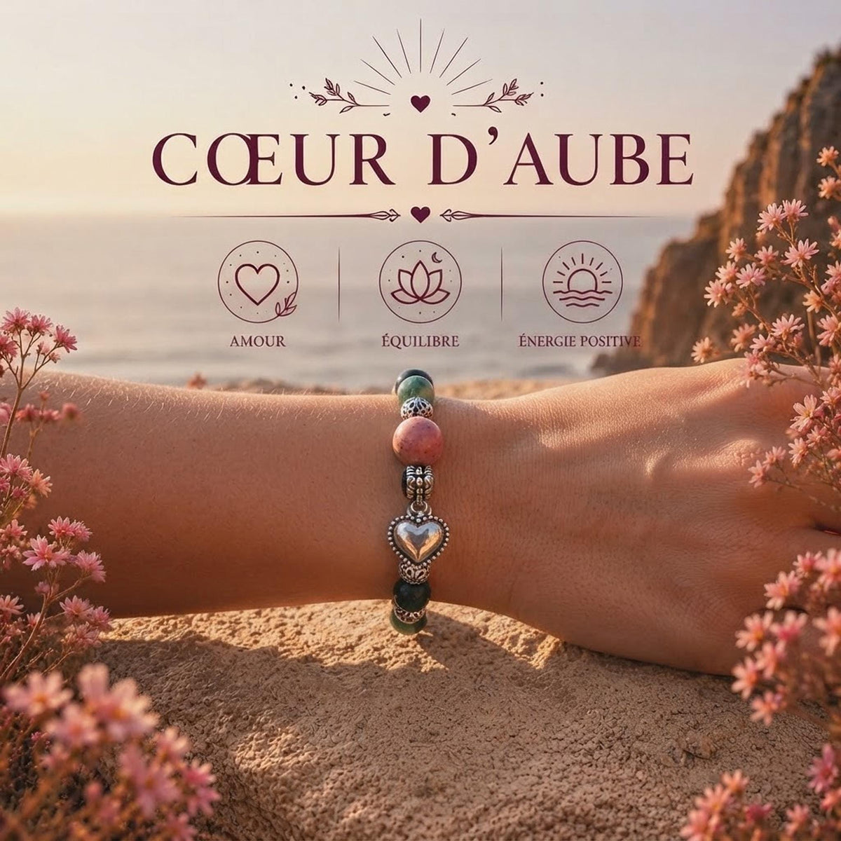 Bracelet Pierres Naturelles Agate Mousse et Rhodonite, 17 cm avec Charm Cœur
