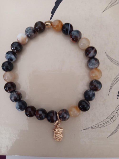 Bracelet Breloque Hibou, Perles Bleu Nuit et Beige, en perles fantaisie -