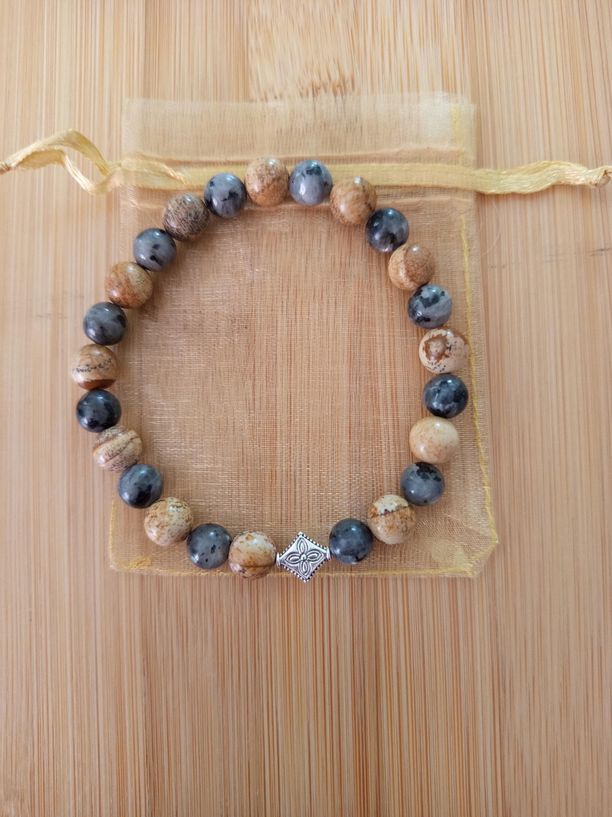 Bracelet Pierres Jaspe Paysage et Larvikite, 18 cm Élastique
