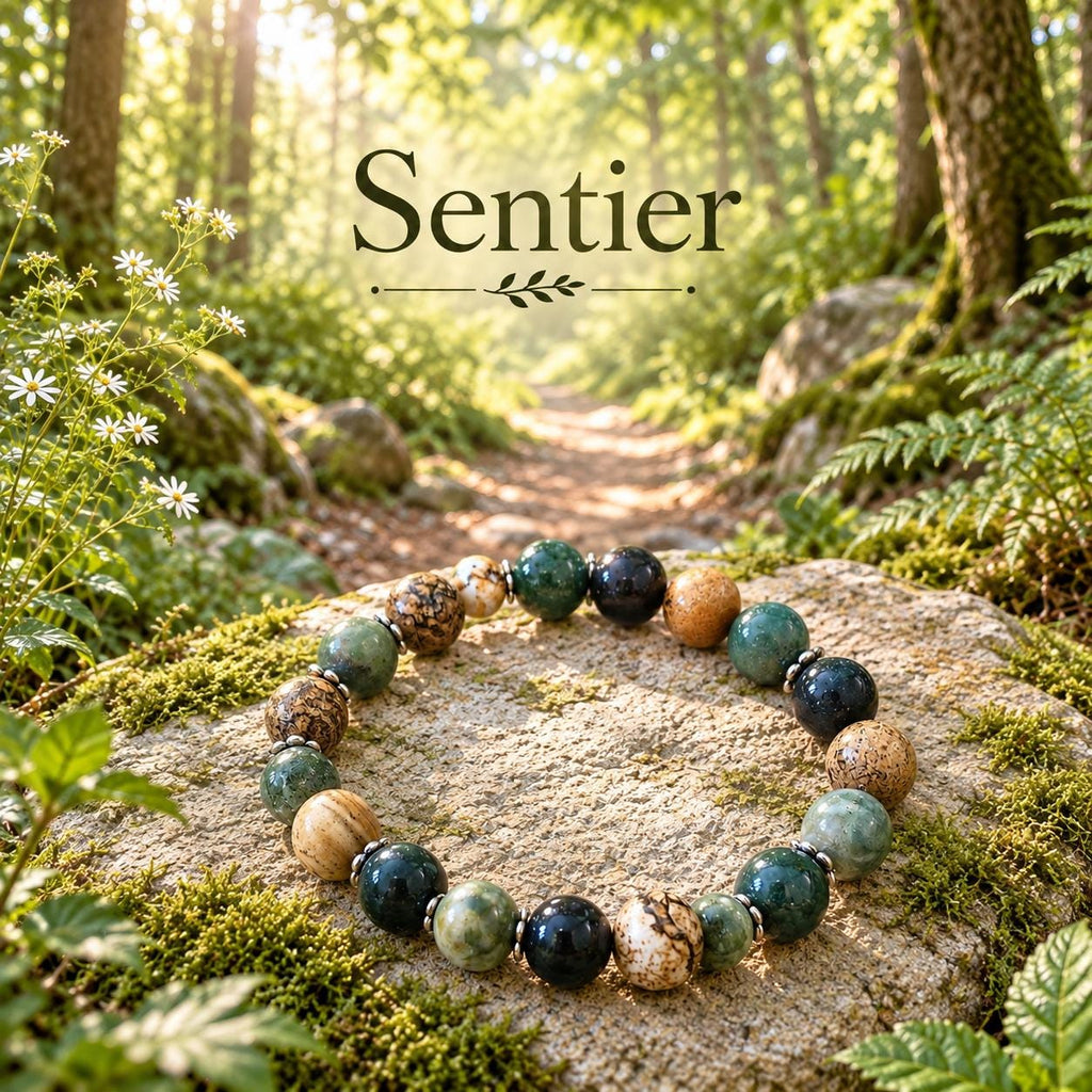Bracelet Pierres Naturelles Agate Indienne et Jaspe Paysage, 17 cm