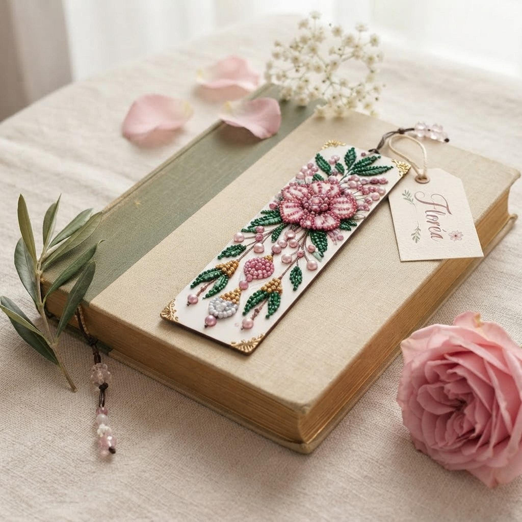 Marque Page Floral Rose et Vert, Détails Dorés en Diamant Painting