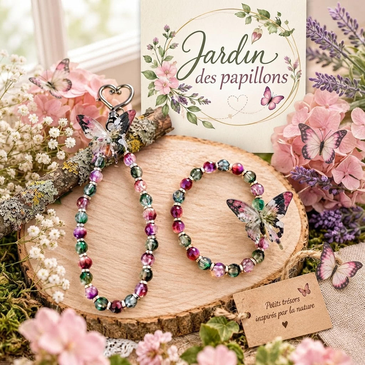 Ensemble Bracelet Porte Clés, Perles Colorées et Décorations Papillon - "Jardin des papillons -