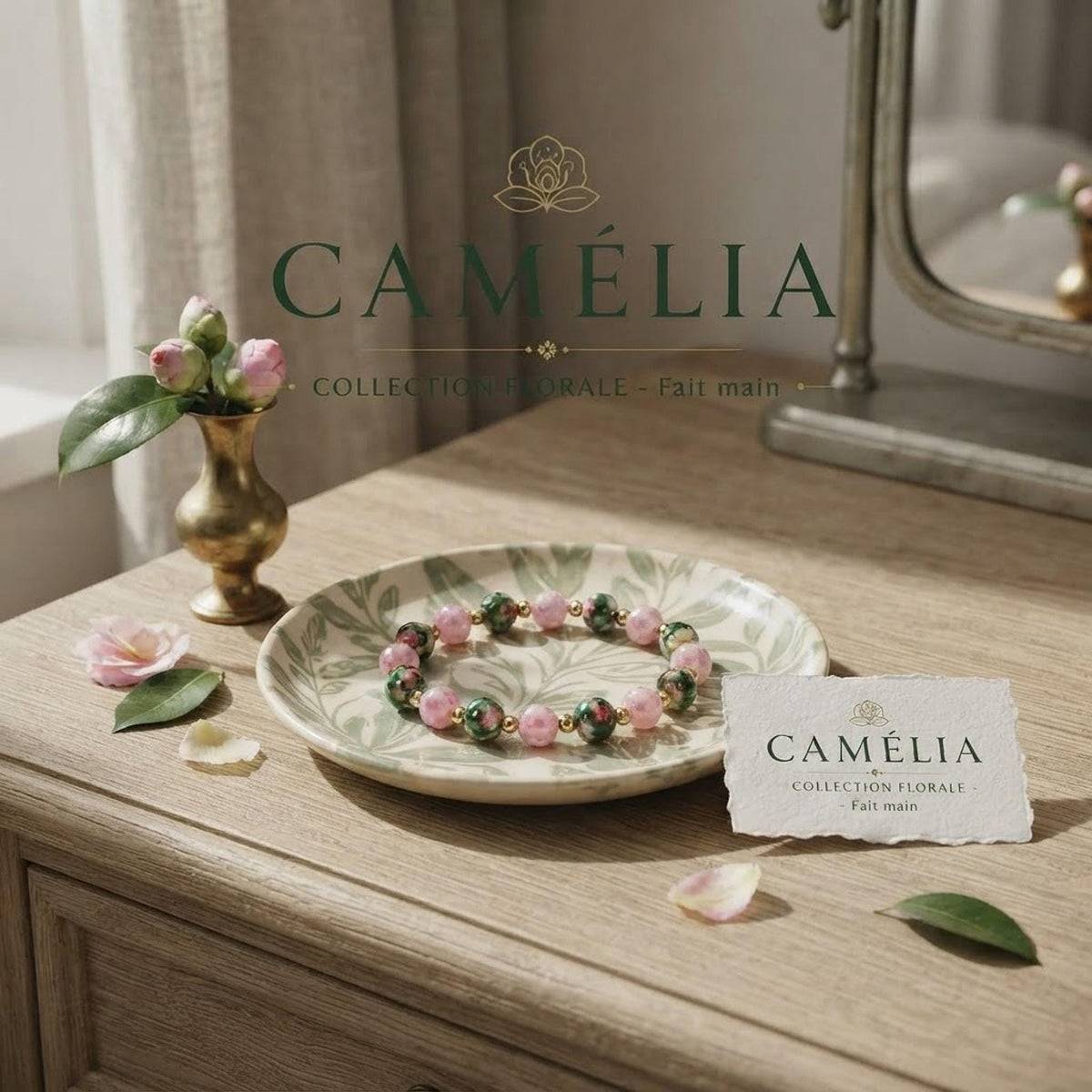 Bracelet fantaisie en perle Roses et Vertes sur Fil Élastique -  "Camélia" -