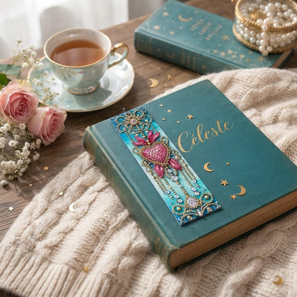 Marque-Page Turquoise, Rose et Doré avec Cœur – Détails en Diamant Painting - "Céleste" -