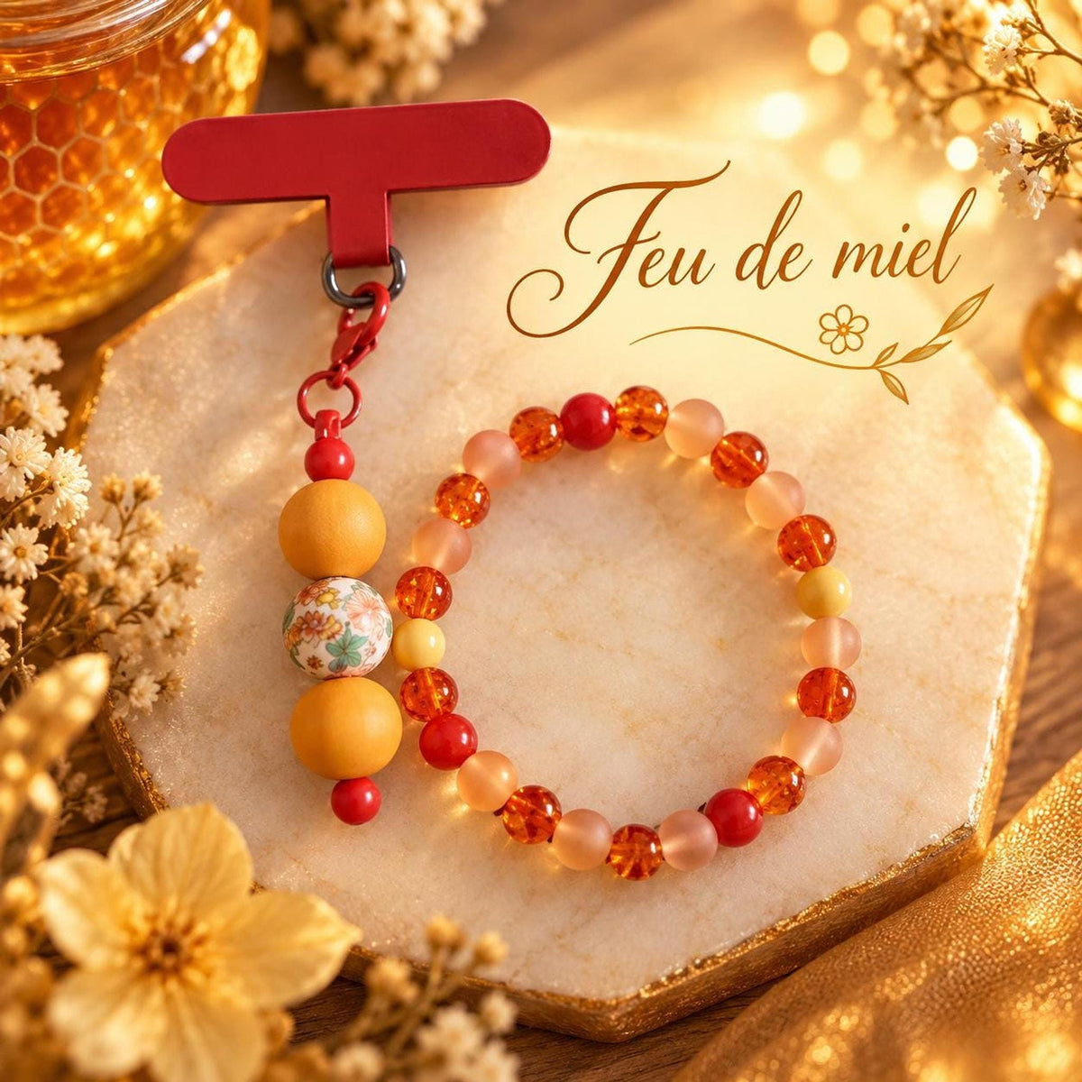 Ensemble bracelet et charm de téléphone dans les mêmes tons de orange & jaune - Feu de Miel -