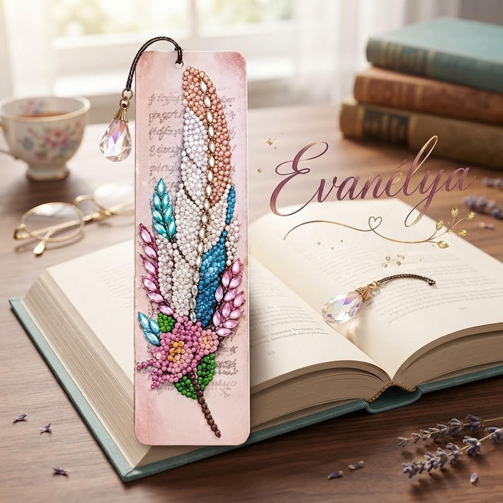 Marque-page artisanal en diamond painting,  avec plumes nacrées, fleurs, touches de bleu, rose et vert - "Evanélya " -