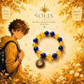 Bracelet artisanal Solis, perles bleues et jaunes, breloque soleil