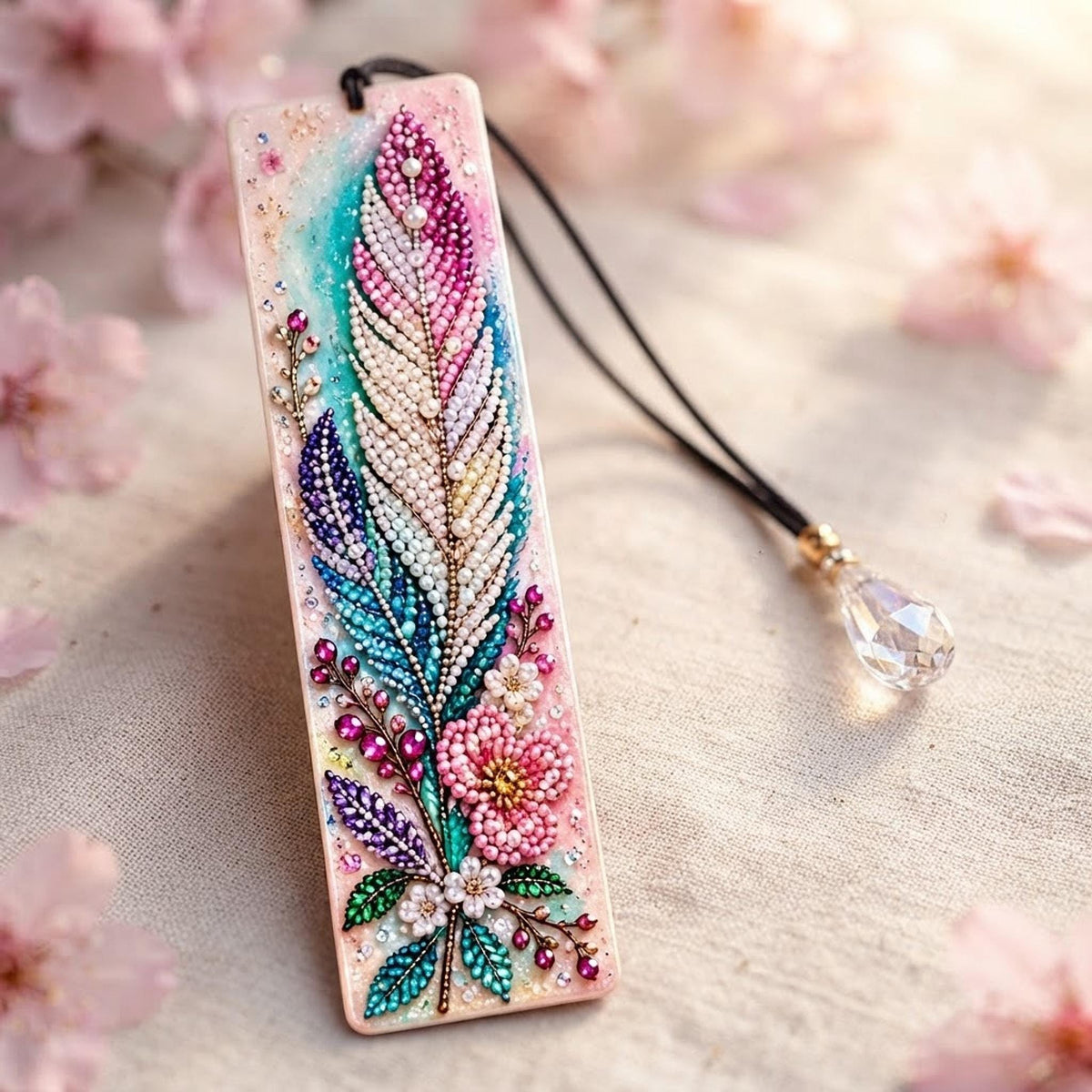 Marque-Page Floral en Diamond Painting, Pendentif Facetté Scintillant - "Pluméria" -