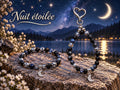 Ensemble bracelet en pierres fantaisie et porte-clé assorti - tons noirs & argenté - breloque lune  Nuit étoilée -