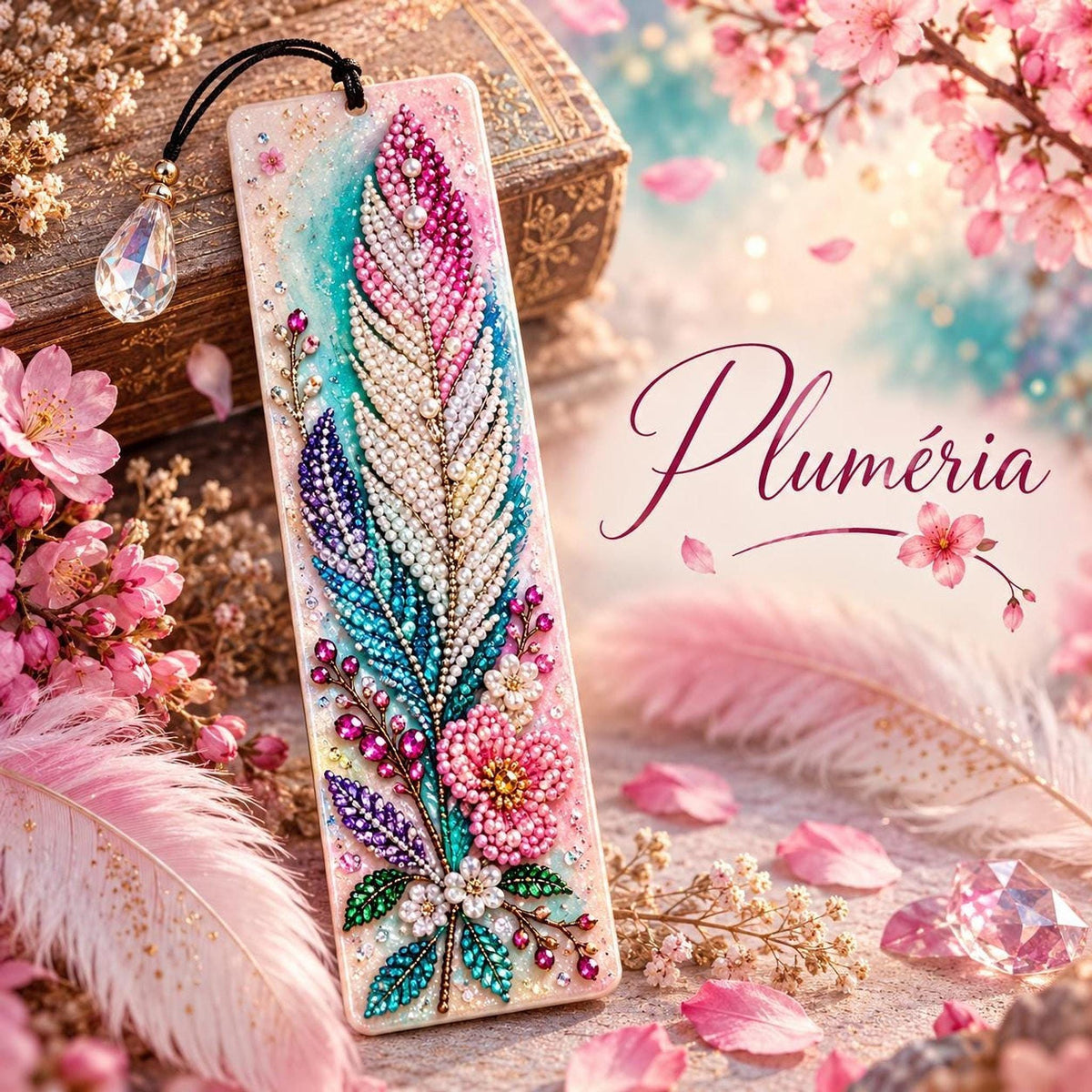 Marque-Page Floral en Diamond Painting, Pendentif Facetté Scintillant - "Pluméria" -