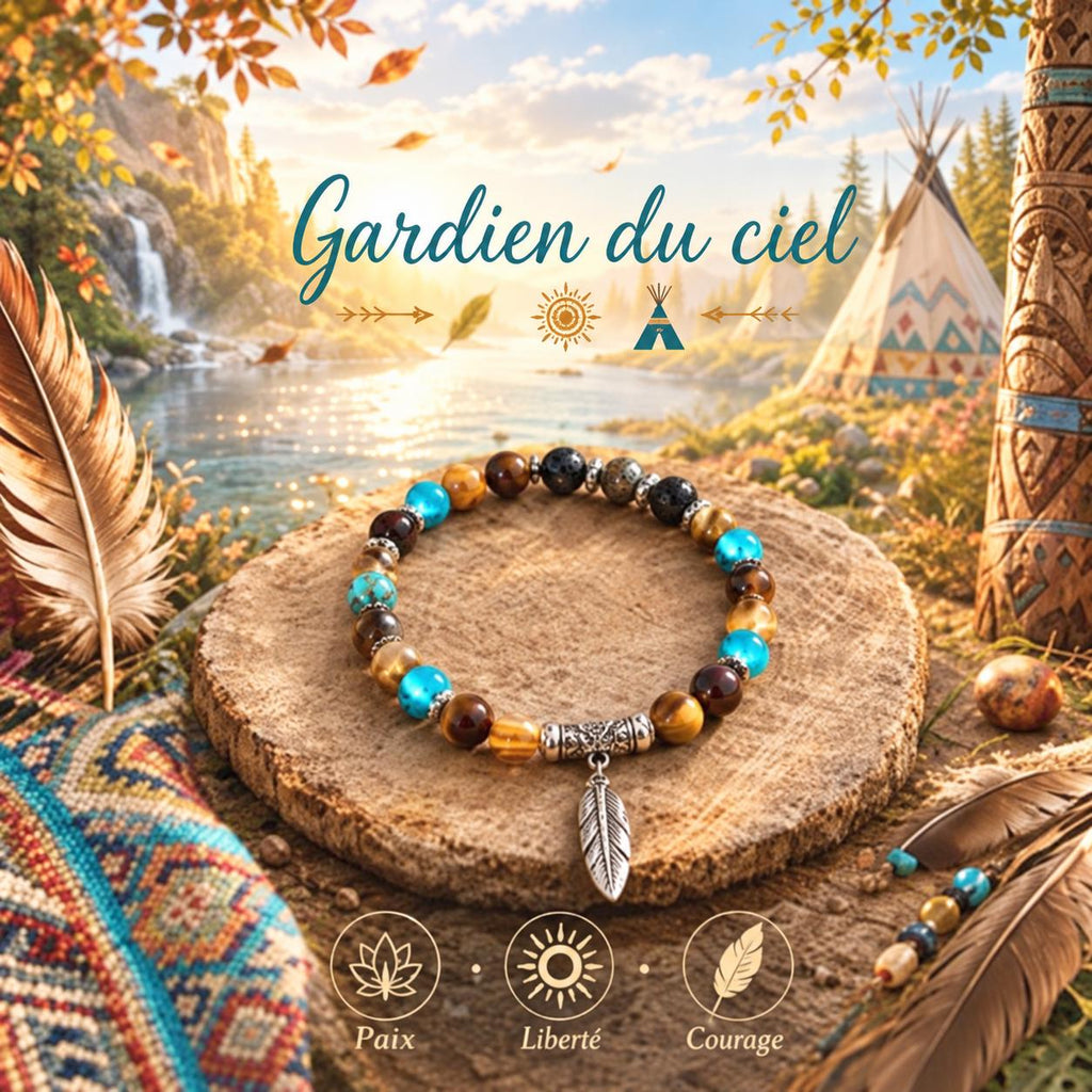 Bracelet fantaisie en perles Turquoise et Pendentif plume - gardien du ciel -