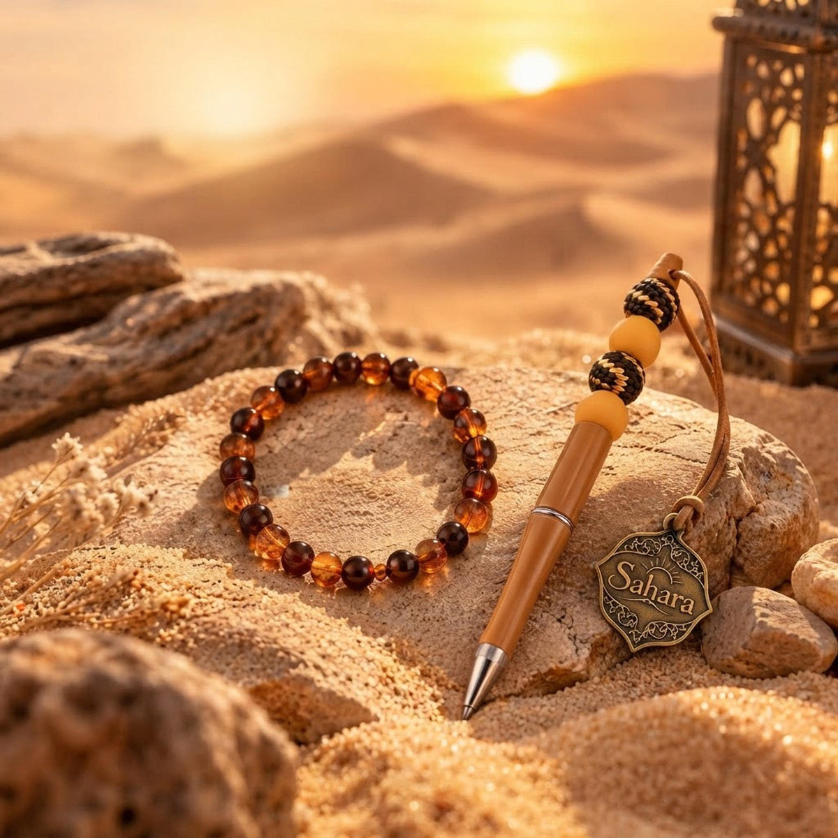 Ensemble bracelet et grigri de sac dans les mêmes tons orange, jaune - Sahara -