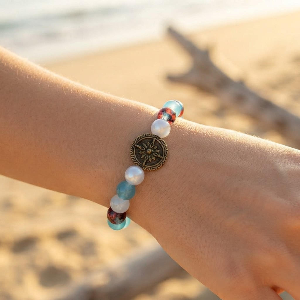 Bracelet  Bleu, Perles en Verre et Rose des Vents - "Néréon" -