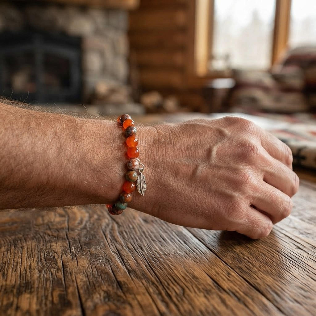 Bracelet homme en perles fantaisie dans les tons de orange - "Ecorce de Feu" -