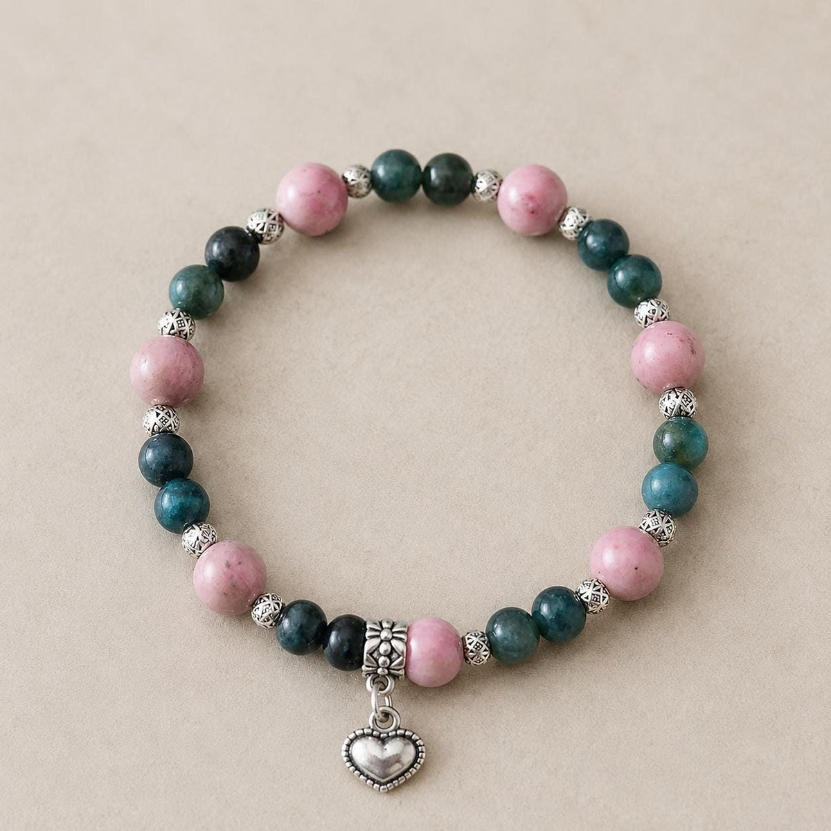 Bracelet Pierres Naturelles Agate Mousse et Rhodonite, 17 cm avec Charm Cœur
