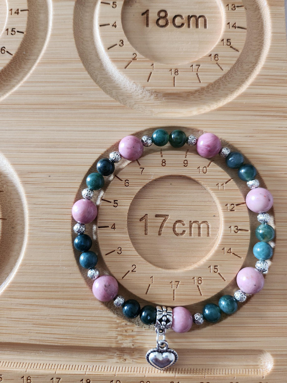 Bracelet Pierres Naturelles Agate Mousse et Rhodonite, 17 cm avec Charm Cœur