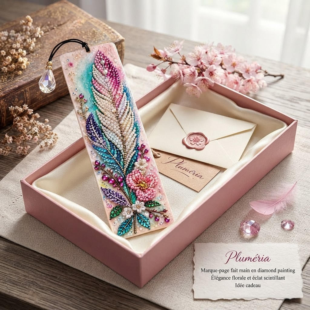 Marque-Page Floral en Diamond Painting, Pendentif Facetté Scintillant - "Pluméria" -