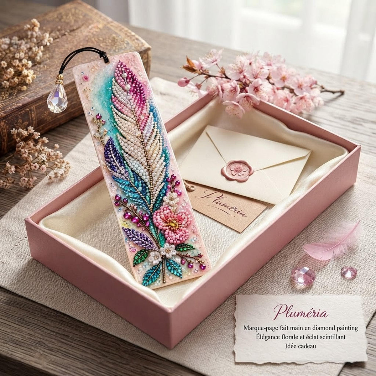 Marque-Page Floral en Diamond Painting, Pendentif Facetté Scintillant - "Pluméria" -