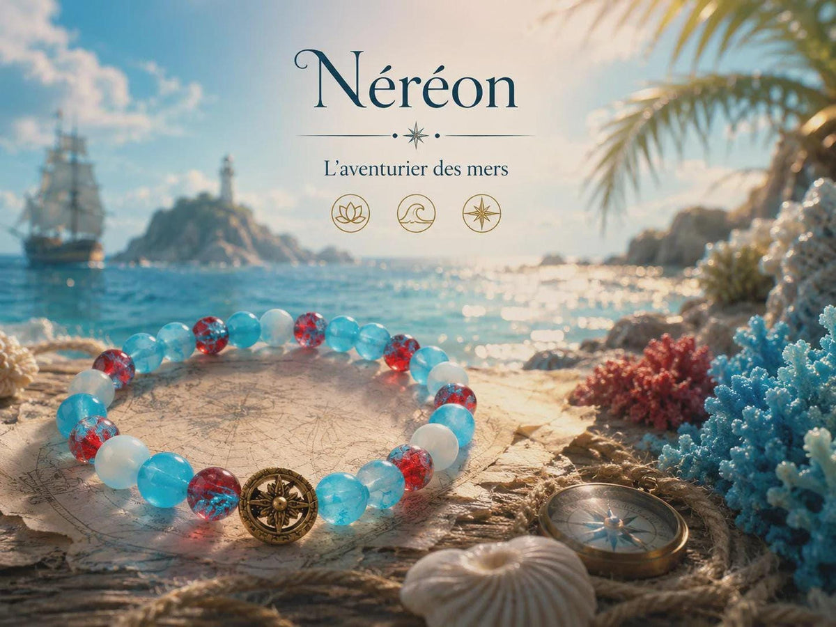 Bracelet  Bleu, Perles en Verre et Rose des Vents - "Néréon" -