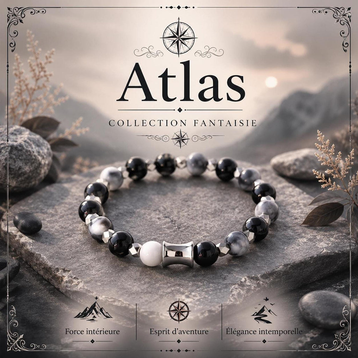 Bracelet Fantaisie en perles Noir Gris Blanc,- Atlas -