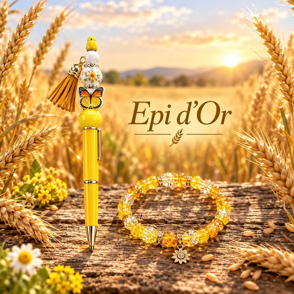 Bracelet en perles fantaisie et Stylo Jaune Doré avec Papillon - Epi d'Or -