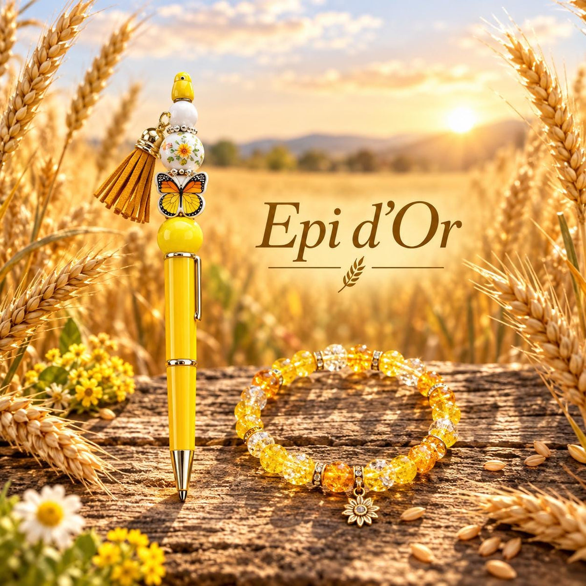 Bracelet en perles fantaisie et Stylo Jaune Doré avec Papillon - Epi d'Or -