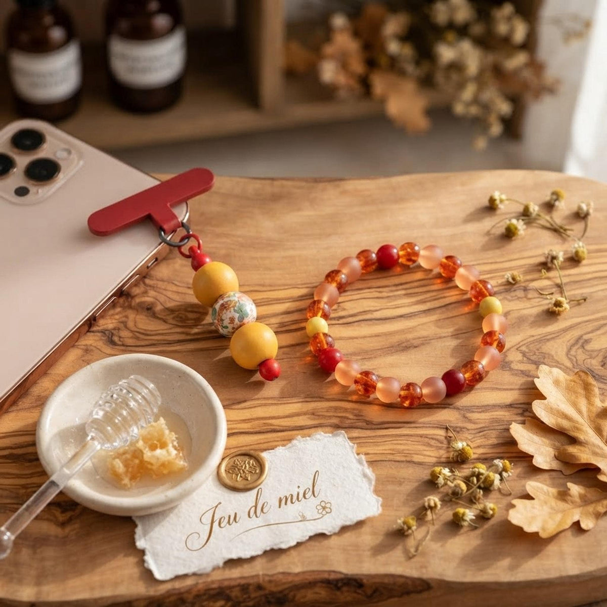 Ensemble bracelet et charm de téléphone dans les mêmes tons de orange & jaune - Feu de Miel -